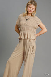 Umgee Short Sleeve Knit Smocked Top OutfitFlow